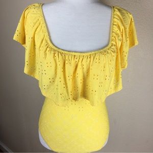 Evolutionary Women's Bright Yellow Bodysuit Ruffle Elastic Neck Off Shoulder M